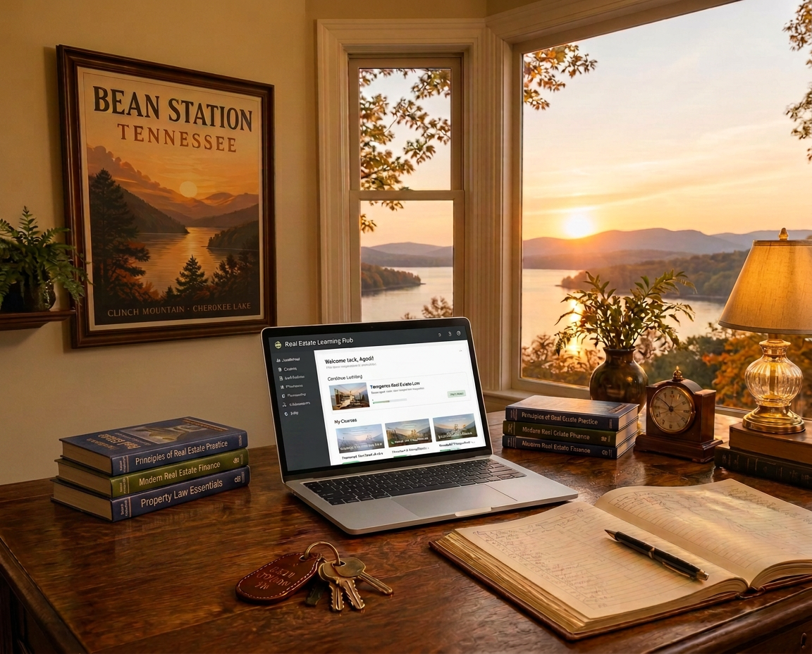 Tennessee real estate professional's workspace with laptop, notebook, and course materials